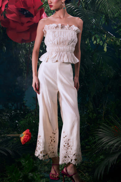 Ivory floral cutwork straight pants
