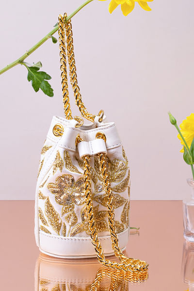 Ivory floral embellished mini bucket bag