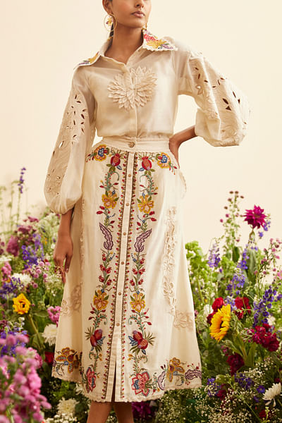 Ivory floral embroidered skirt