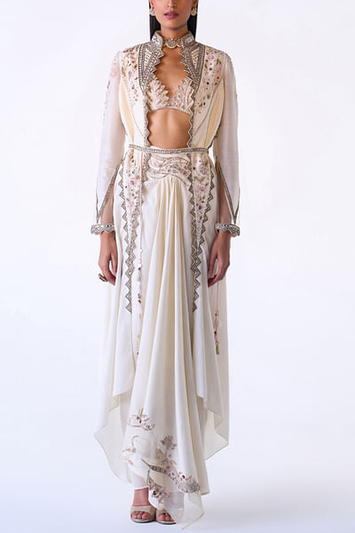 Ivory floral embroidery asymmetric jacket set