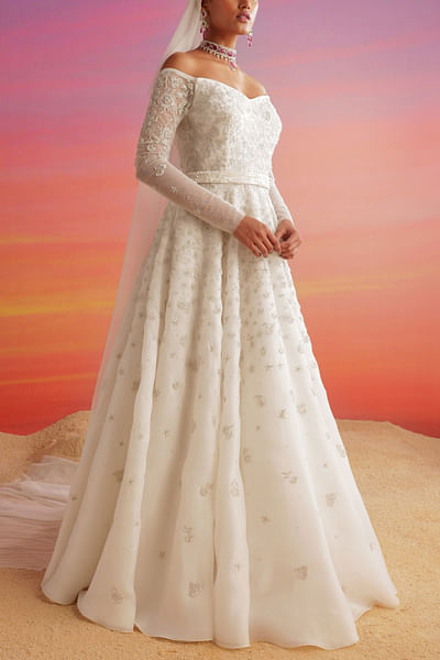 Ivory floral embroidery gown with trail