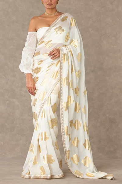 Ivory floral foil print sari set