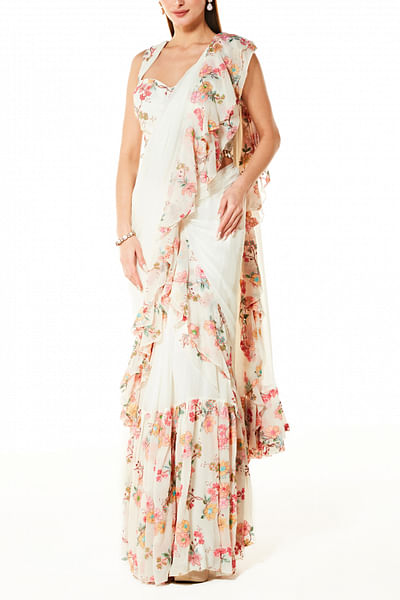Ivory floral frill sari set