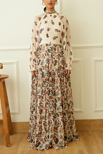 Ivory floral jaal print tiered maxi dress