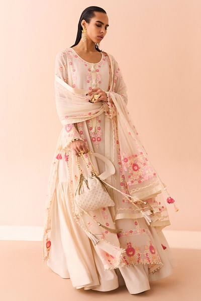 Ivory floral embroidered kurta and gharara set