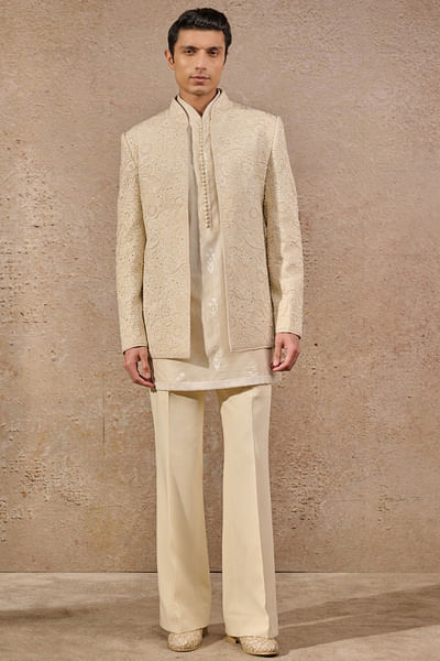 Ivory floral paisley embroidered bandhgala set