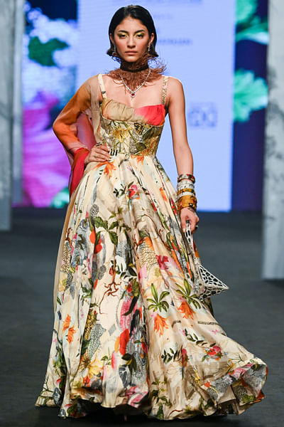 Ivory floral print anarkali set