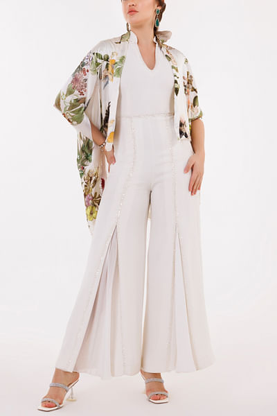 Ivory floral print jacket and jumpsuit