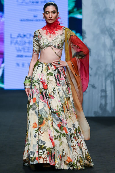 Ivory floral print lehenga set
