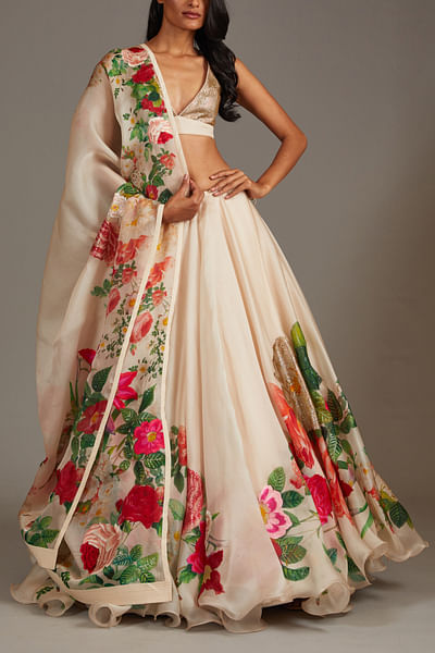 Ivory floral print lehenga set