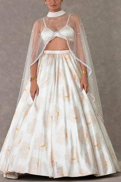 Ivory floral printed lehenga and cape set
