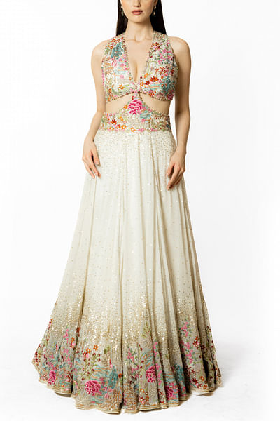 Ivory floral sequin embroidery gown