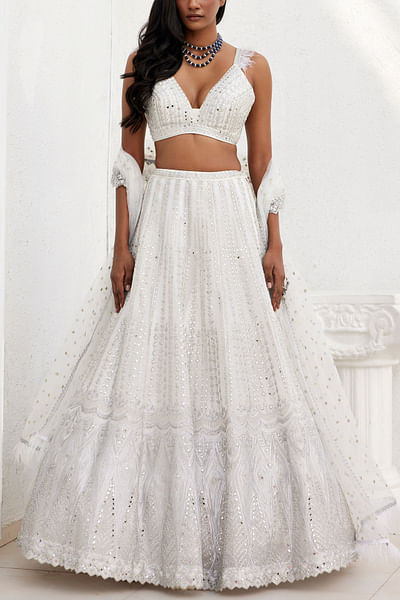 Ivory geometric mirror embroidery lehenga set