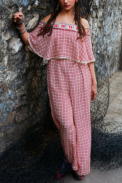 Ivory geometric print jumpsuit