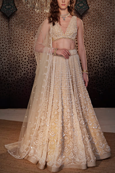 Ivory geometric sequin embroidery lehenga set