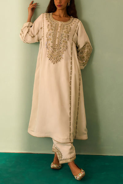 Ivory gota patti and mirror embroidered kurta set