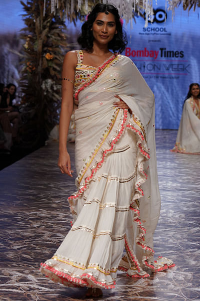 Ivory gota tiered frill sari set