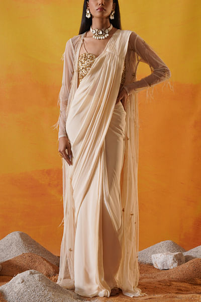 Ivory hand embroidery draped sari set