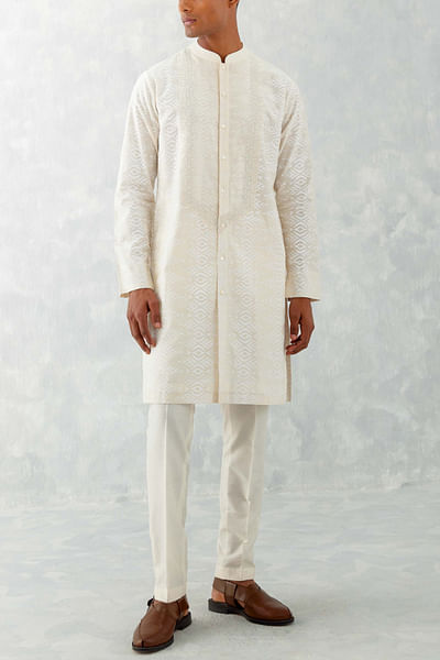 Ivory Ikat print chanderi kurta set