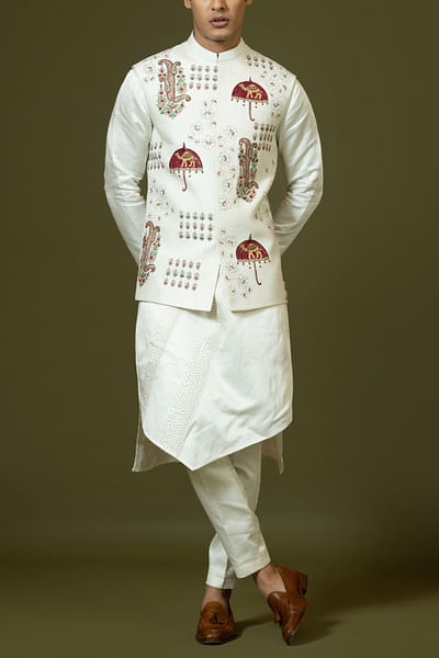 Ivory kashida embroidery Nehru kurta set