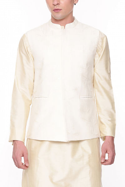 Ivory leaf embroidered Nehru jacket