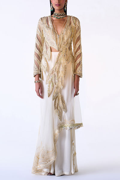 Ivory leaf embroidery jacket and draped skirt