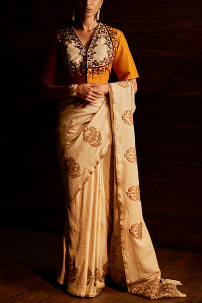 Ivory lotus woven sari set