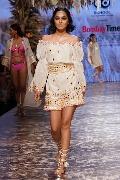 Ivory mirror and resham embroidered jumpsuit and belt