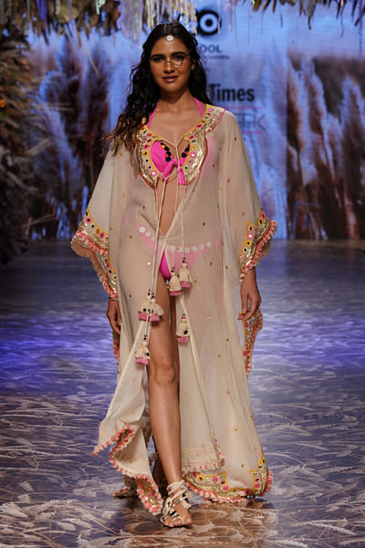 Ivory mirror and resham embroidered kaftan