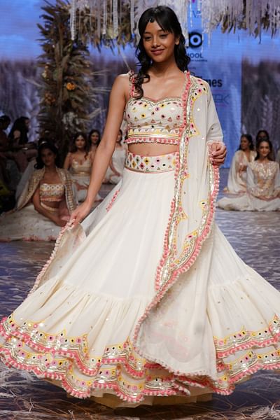 Ivory mirror and resham embroidered lehenga set
