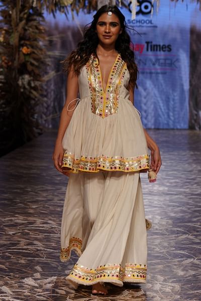 Ivory mirror and resham embroidered sharara set
