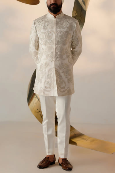 Ivory motif embroidery bandhgala set