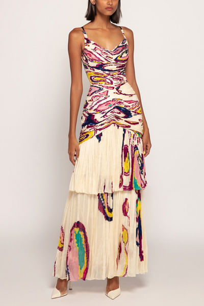 Ivory paisley print tiered maxi dress