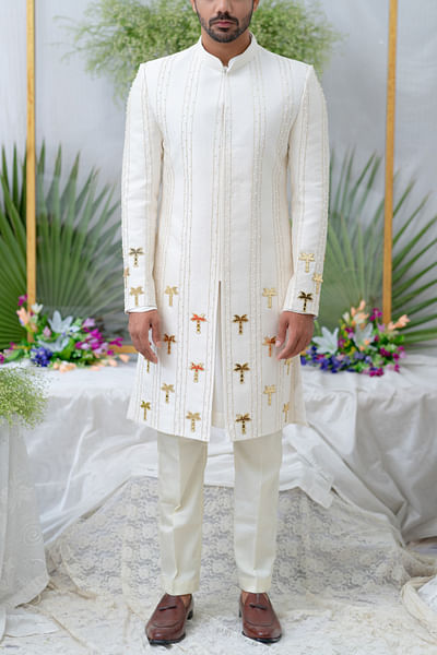 Ivory palm tree embellished sherwani set