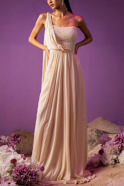 Ivory pearl and crystal embellished draped sari gown