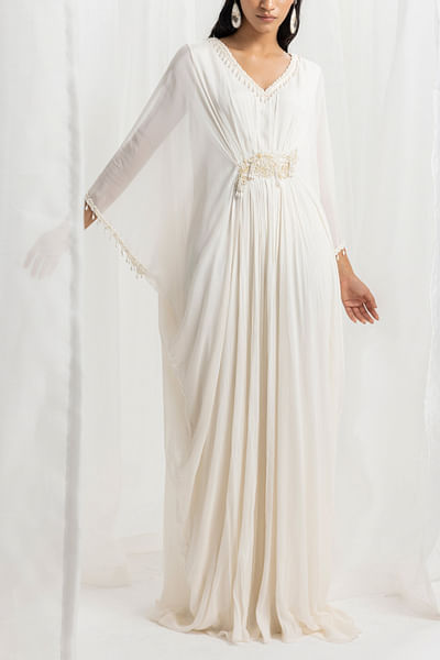 Ivory pearl and crystal embellished kaftan