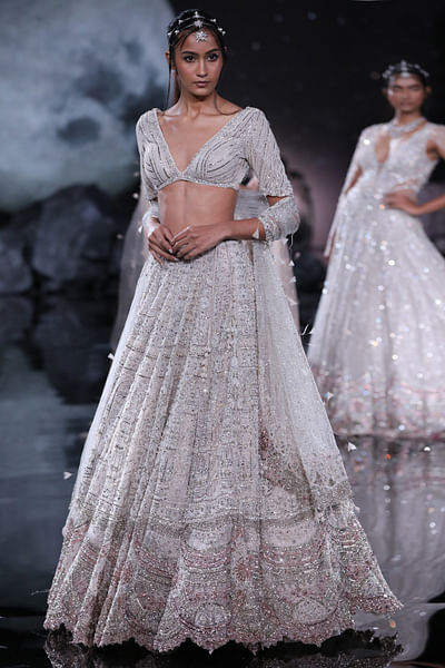 Ivory pearl and crystal embroidery lehenga set