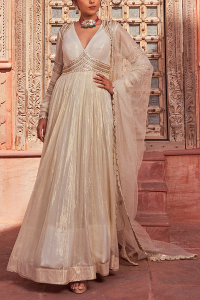 Ivory pearl and sequin embellished anarkali set