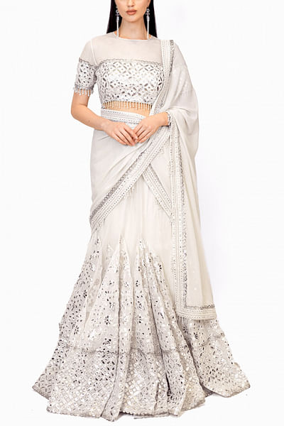 Ivory pearl and sequin embellished lehenga sari set