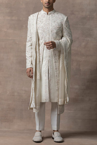 Ivory pearl and sequin embroidered sherwani set