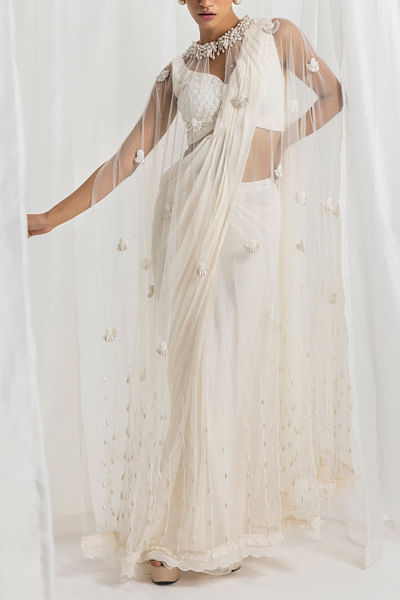 Ivory pearl embellished cape and pre-stitched draped sari set