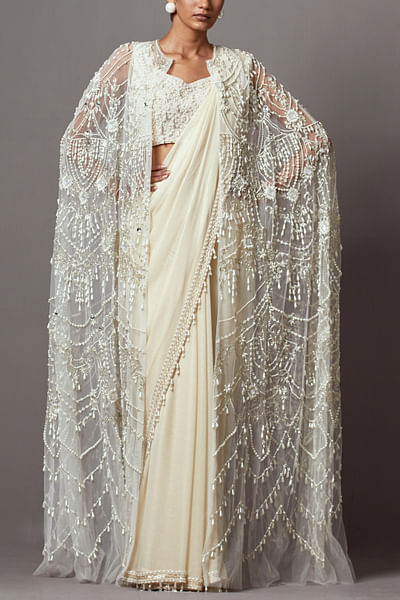 Ivory pearl embellished cape and sari set