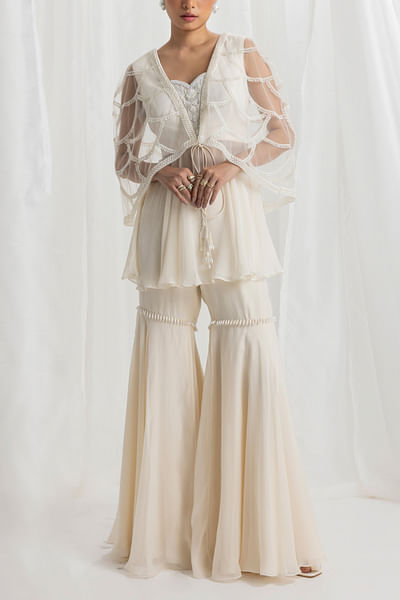 Ivory pearl embellished peplum top and gharara