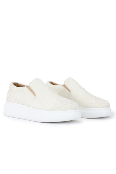Ivory pearl embellished sneakers