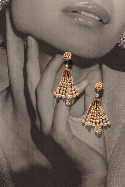 Ivory pearl embellished tassel earrings