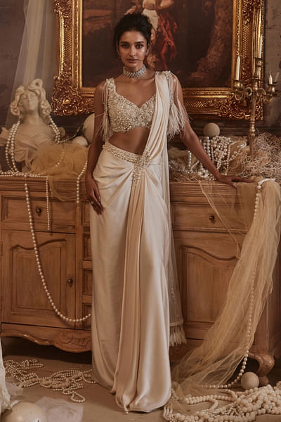 Ivory pearl embroidered pre-draped sari set