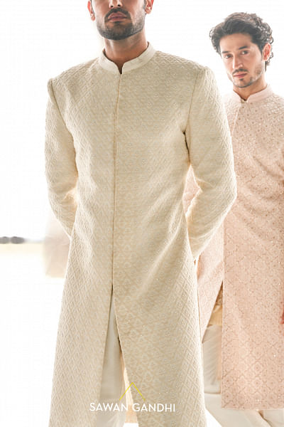 Ivory pearl motif embroidered sherwani set