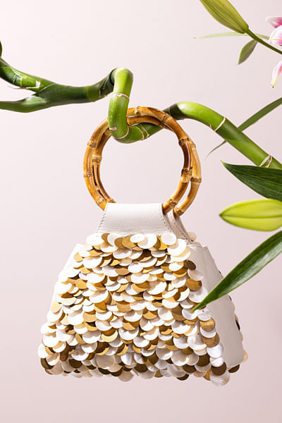 Ivory pearl shell embellished handbag