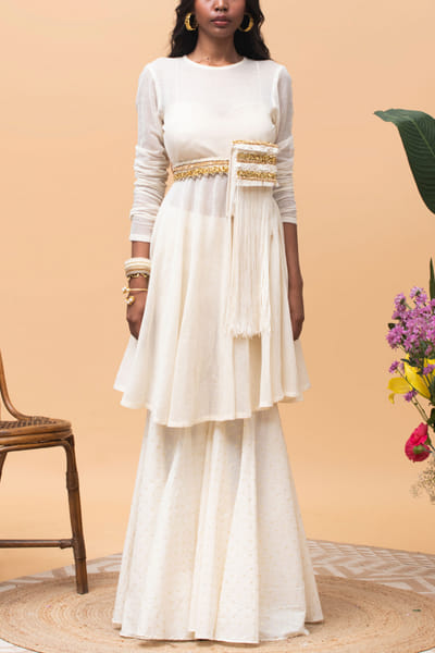 Ivory peplum anarkali and gharara set