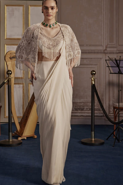 Ivory pre-draped sari set